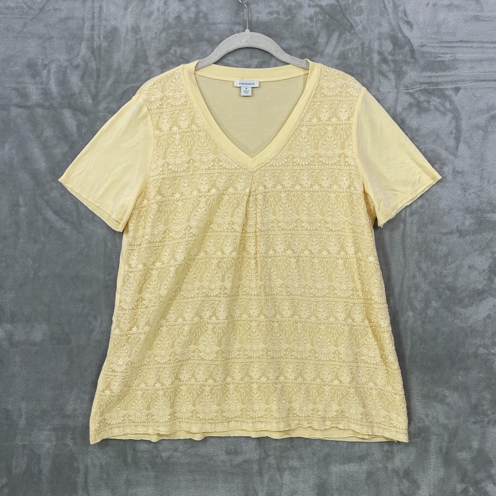 Sundance Silk Lace Front T-Shirt Top Size M Yellow Boho Artsy Dainty‎ Cotton
